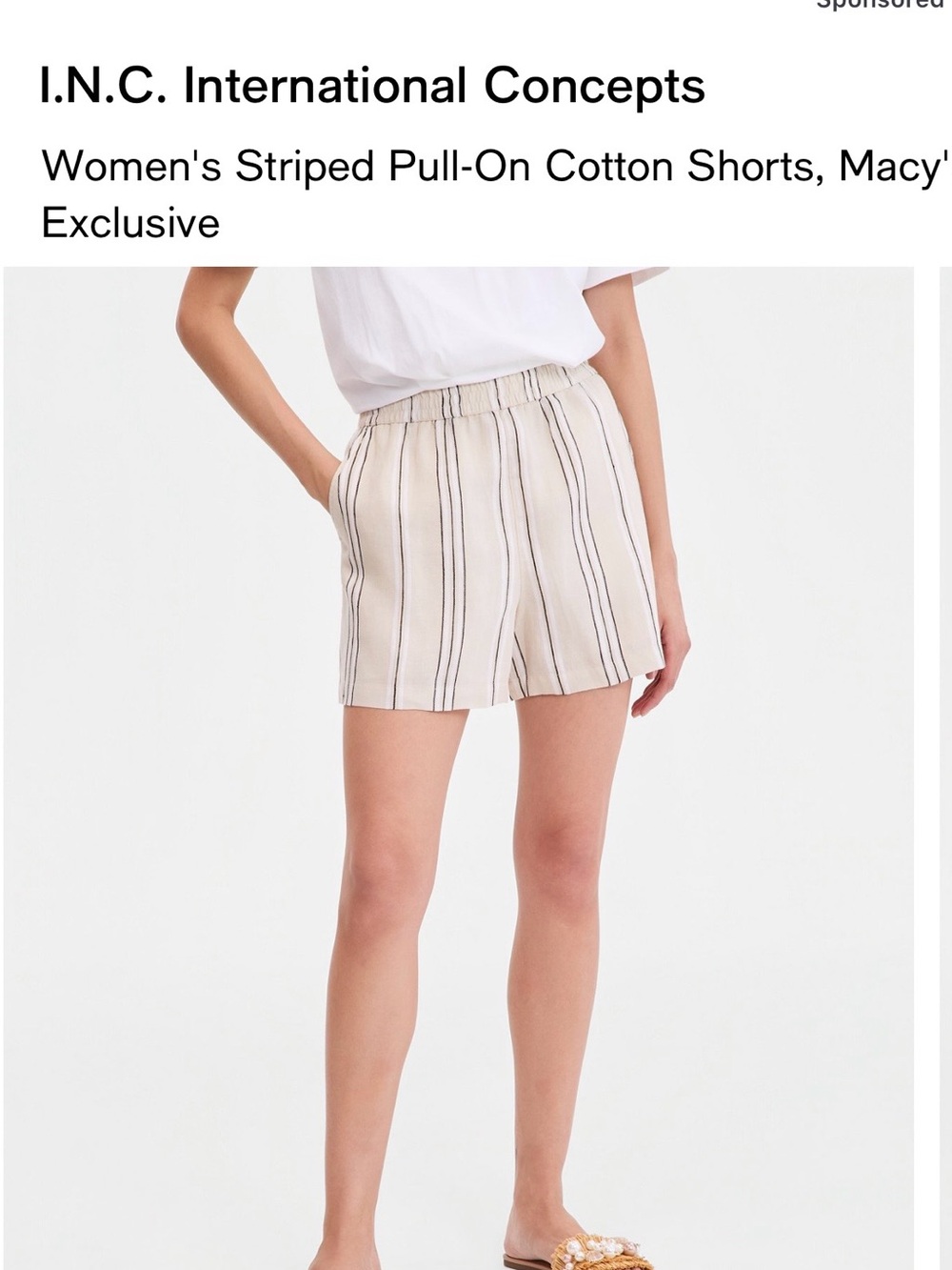 INC International Concepts Striped Pull-On Linen Shorts in Cream and Black